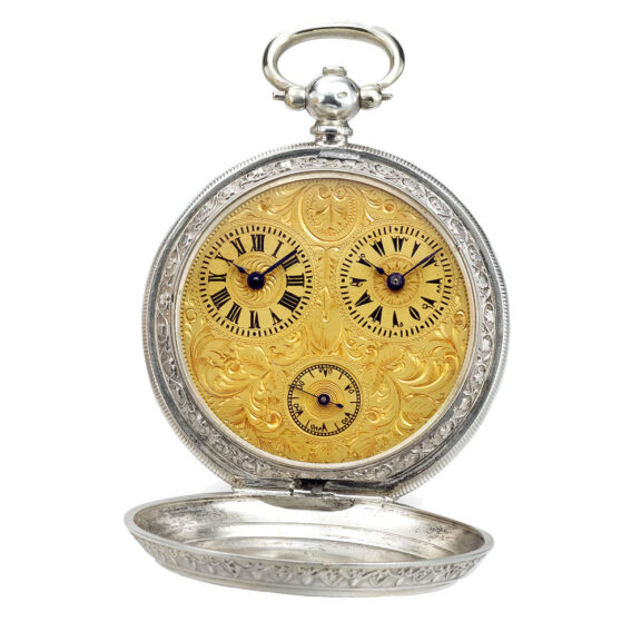 An unusual Swiss dual time hunting-cased watch Circa 1880