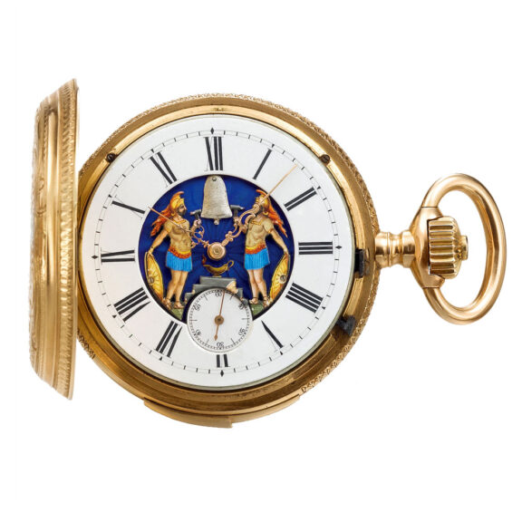 A gold Swiss quarter repeating watch with automata Circa 1880