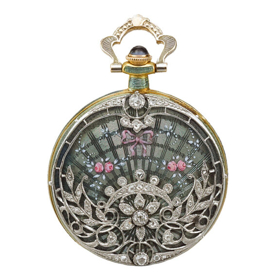 A gold Swiss enamel and diamond set lever watch Circa 1900