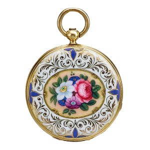 A fine yellow gold Swiss enamel miniature watch Circa 1820