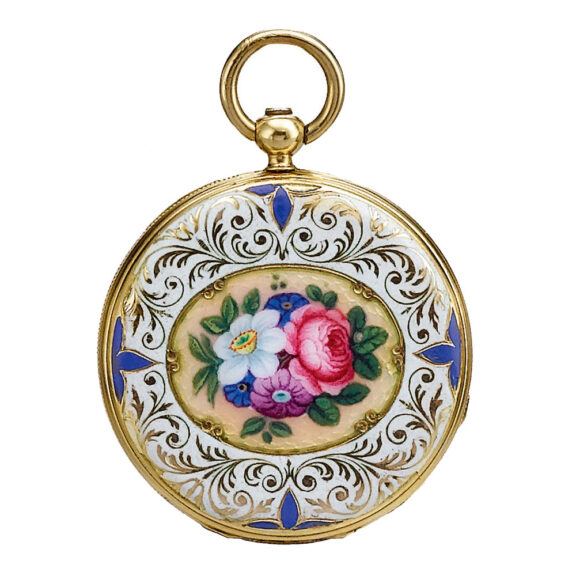 A fine yellow gold Swiss enamel miniature watch Circa 1820