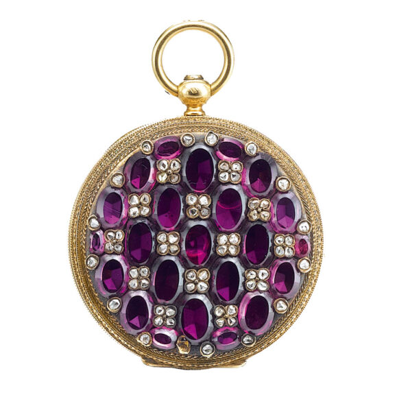 A yellow gold Swiss amethyst and diamond set watch Circa 1820