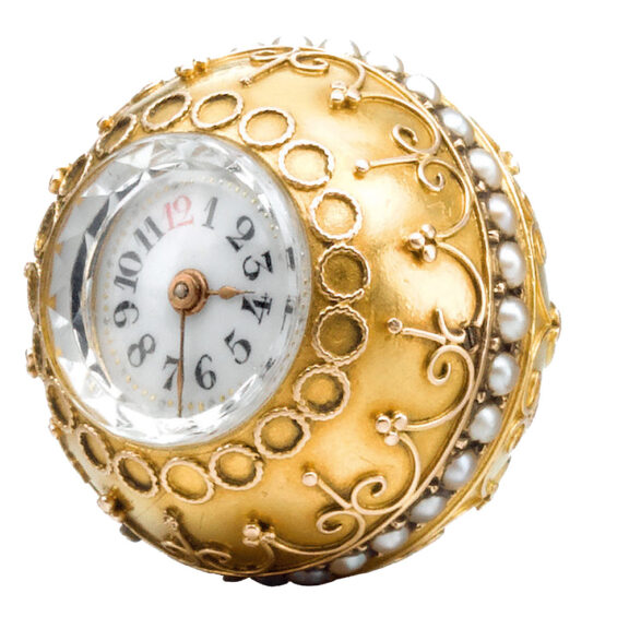 A fine yellow gold Swiss pearl-set ball-form watch Circa 1880