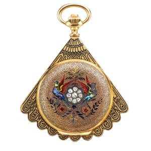 A gold Swiss enamel and diamond-set form watch Circa 1900