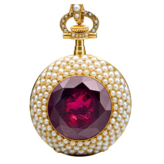 A gold Swiss seed pearl and colored gem-set watch Circa 1900