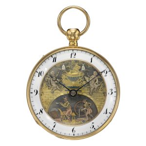 A gold Swiss quarter repeating automaton watch Circa 1800