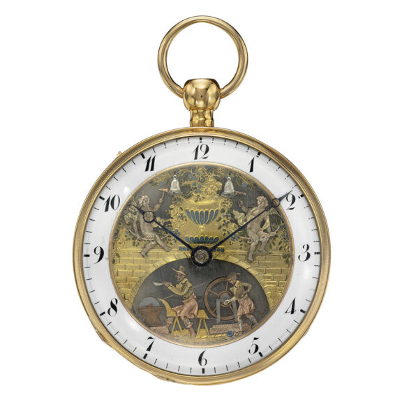 A gold Swiss quarter repeating automaton watch Circa 1800