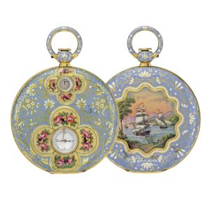 A fine gold and enamel Swiss jump hour watch Circa 1840
