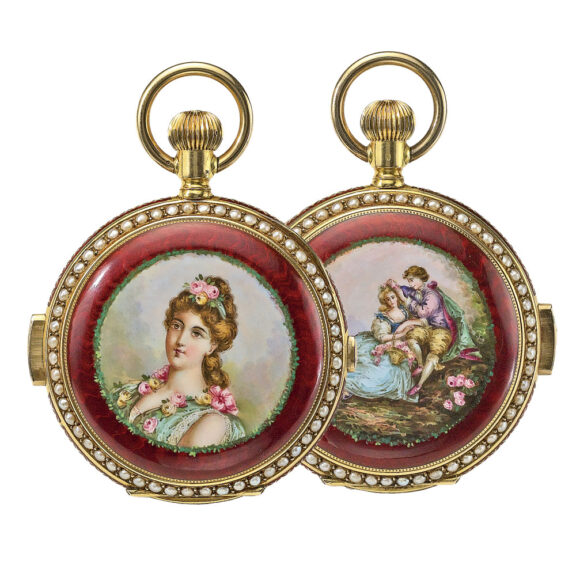 A gold Swiss enamel and pearl-set minute repeater Circa 1900