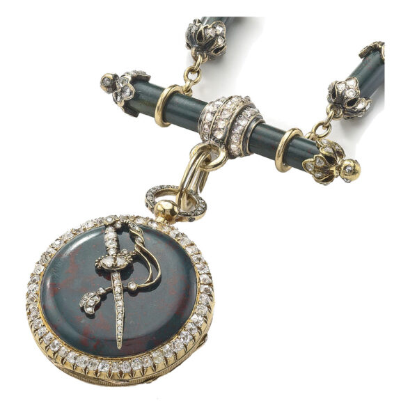 A gold Swiss bloodstone and diamond-set watch Circa 1860