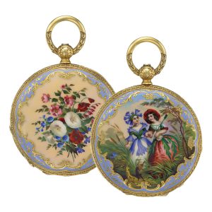 Swiss gold and enamel hunting cased cylinder watch Circa 1856
