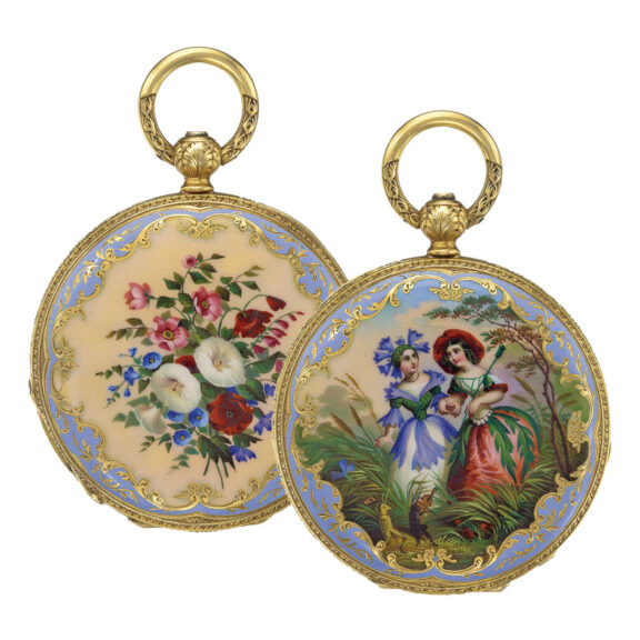 Swiss gold and enamel hunting cased cylinder watch Circa 1856