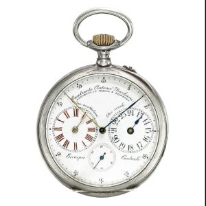 A silver Swiss open-faced watch with two time zones Circa 1890