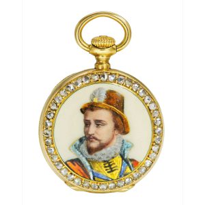 Swiss gold enamel and diamond-set miniature watch Circa 1889