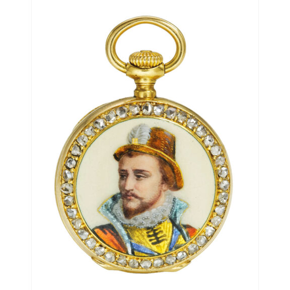 Swiss gold enamel and diamond-set miniature watch Circa 1889