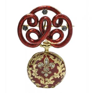A Swiss gold enamel and diamond watch with brooch Circa 1899