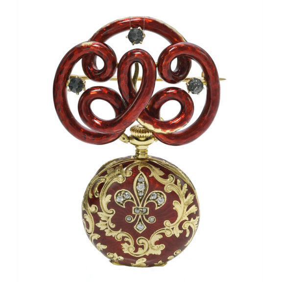 A Swiss gold enamel and diamond watch with brooch Circa 1899