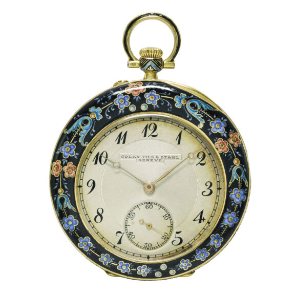 A slim Swiss yellow gold and enamel keyless watch Circa 1910 A slim Swiss yellow gold and enamel keyless watch Circa 1910
