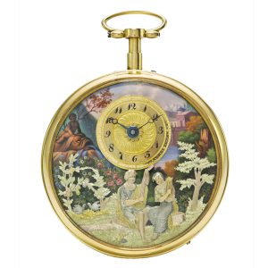 A Swiss enamel quarter repeating musical automaton Circa 1810