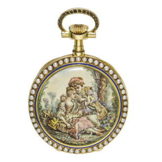 A swiss pink gold enamel and pearl-set lever watch Circa 1889