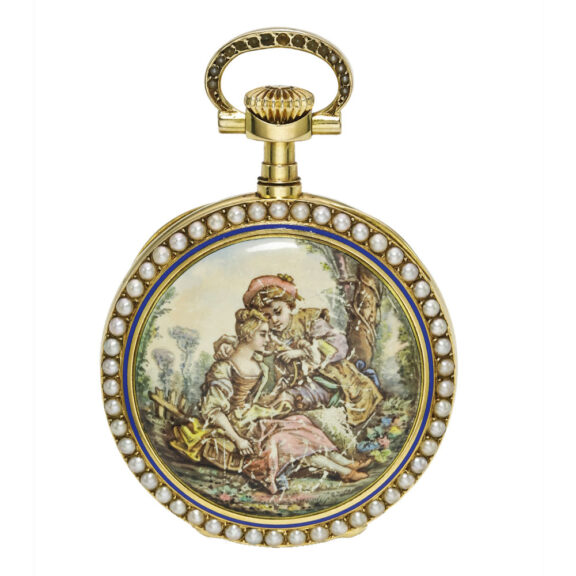 A swiss pink gold enamel and pearl-set lever watch Circa 1889