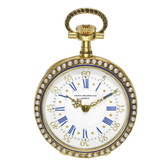 A swiss pink gold enamel and pearl-set lever watch Circa 1889 A swiss pink gold enamel and pearl-set lever watch Circa 1889