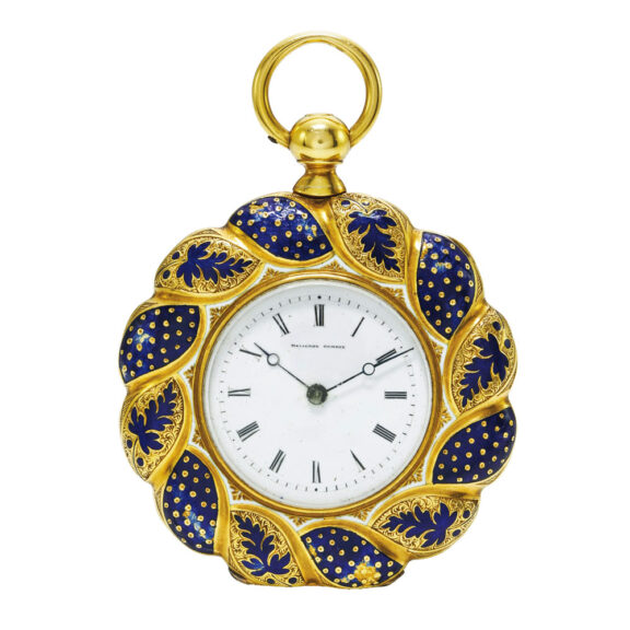 A Swiss yellow gold and enamel open-faced watch Circa 1850 A Swiss yellow gold and enamel open-faced watch Circa 1850