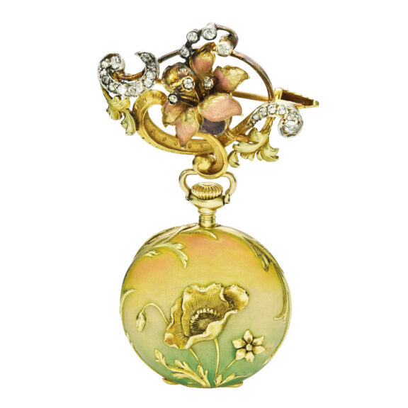 Swiss 18 carat gold and enamel lever watch with brooch Circa 1899