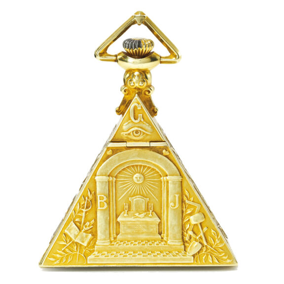 Swiss 14K gold triangular watch with Masonic motifs Circa 1935 Swiss 14K gold triangular watch with Masonic motifs Circa 1935