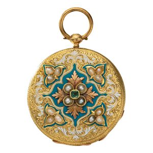 A Swiss rare gold enamel and pearl pendant watch Circa 1844