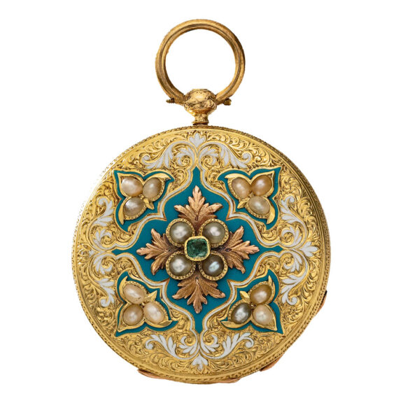 A Swiss rare gold enamel and pearl pendant watch Circa 1844