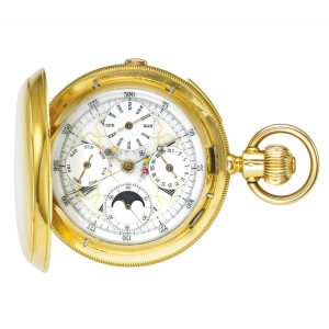 A Swiss gold quarter repeating calendar chronograph Circa 1900