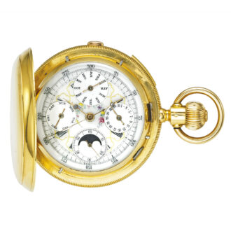A Swiss gold quarter repeating calendar chronograph Circa 1900