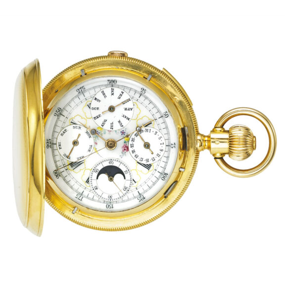 A Swiss gold quarter repeating calendar chronograph Circa 1900