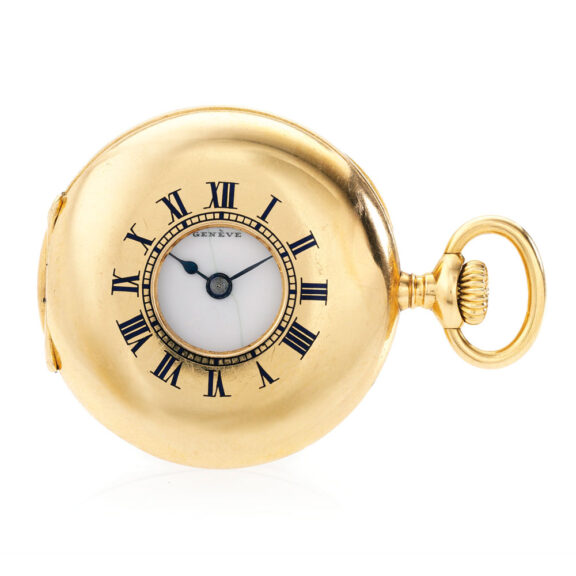 Swiss small 18K gold half hunting cased keyless watch Circa 1907 Swiss small 18K gold half hunting cased keyless watch Circa 1907