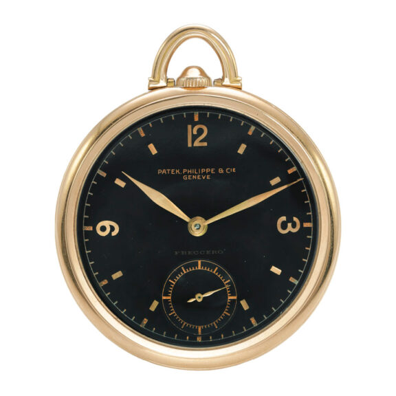 Swiss 18K pink gold open faced watch with black dial Circa 1937