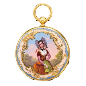 A fine Swiss gold watch with enamel portrait of a lady Circa 1851