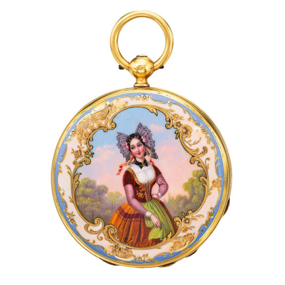 A fine Swiss gold watch with enamel portrait of a lady Circa 1851
