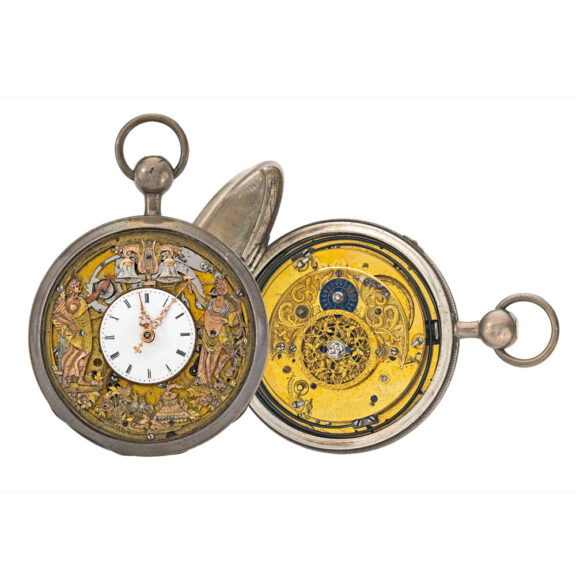 A silver Swiss repeating watch with jacquemart Circa 1820 A silver Swiss repeating watch with jacquemart Circa 1820