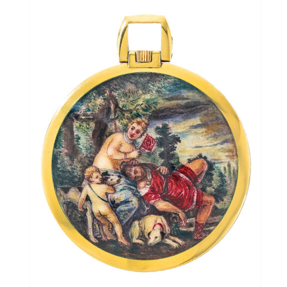 A Swiss gold and enamel watch with allegorical scene Circa 1980