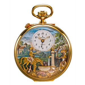 Swiss gilt musical lever automaton with alarm Circa 1985
