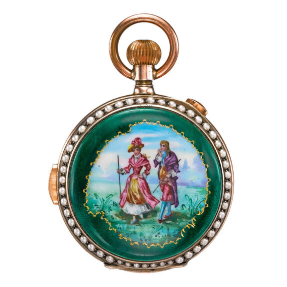 Swiss enamel, pearl-set minute repeating chronograph Circa 1900 Swiss enamel, pearl-set minute repeating chronograph Circa 1900