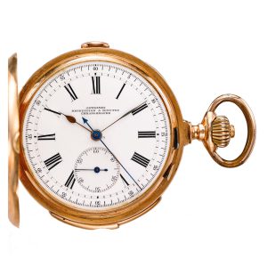 A fine Swiss gold minute repeating chronograph watch Circa 1900