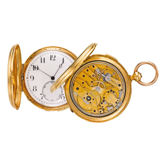A Swiss gold hunting cased quarter repeating watch Circa 1870 A Swiss gold hunting cased quarter repeating watch Circa 1870