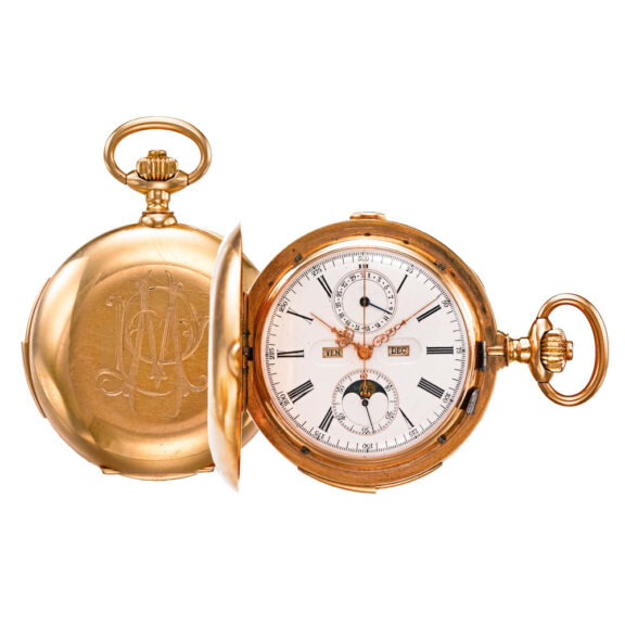 A Swiss gold quarter repeating watch with calendar Circa 1900 A Swiss gold quarter repeating watch with calendar Circa 1900