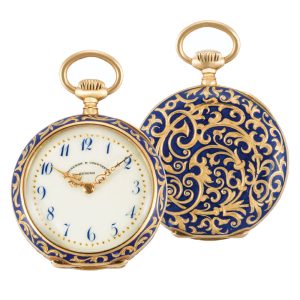 A yellow gold Swiss enamel keyless lever watch Circa 1900