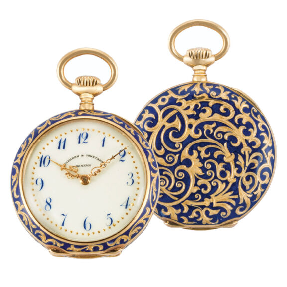 A yellow gold Swiss enamel keyless lever watch Circa 1900 A yellow gold Swiss enamel keyless lever watch Circa 1900