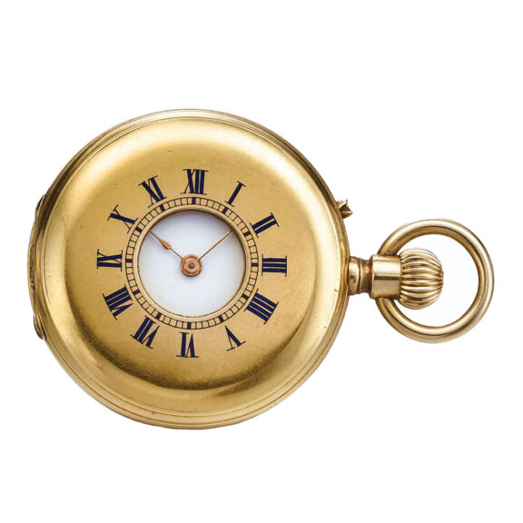 A gold Swiss half hunting cased keyless fob watch Circa 1900