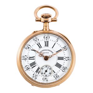 A gold Swiss keyless lever fob watch with enamel dial Circa 1900