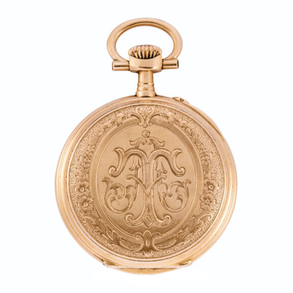 A gold Swiss keyless lever fob watch with enamel dial Circa 1900 A gold Swiss keyless lever fob watch with enamel dial Circa 1900